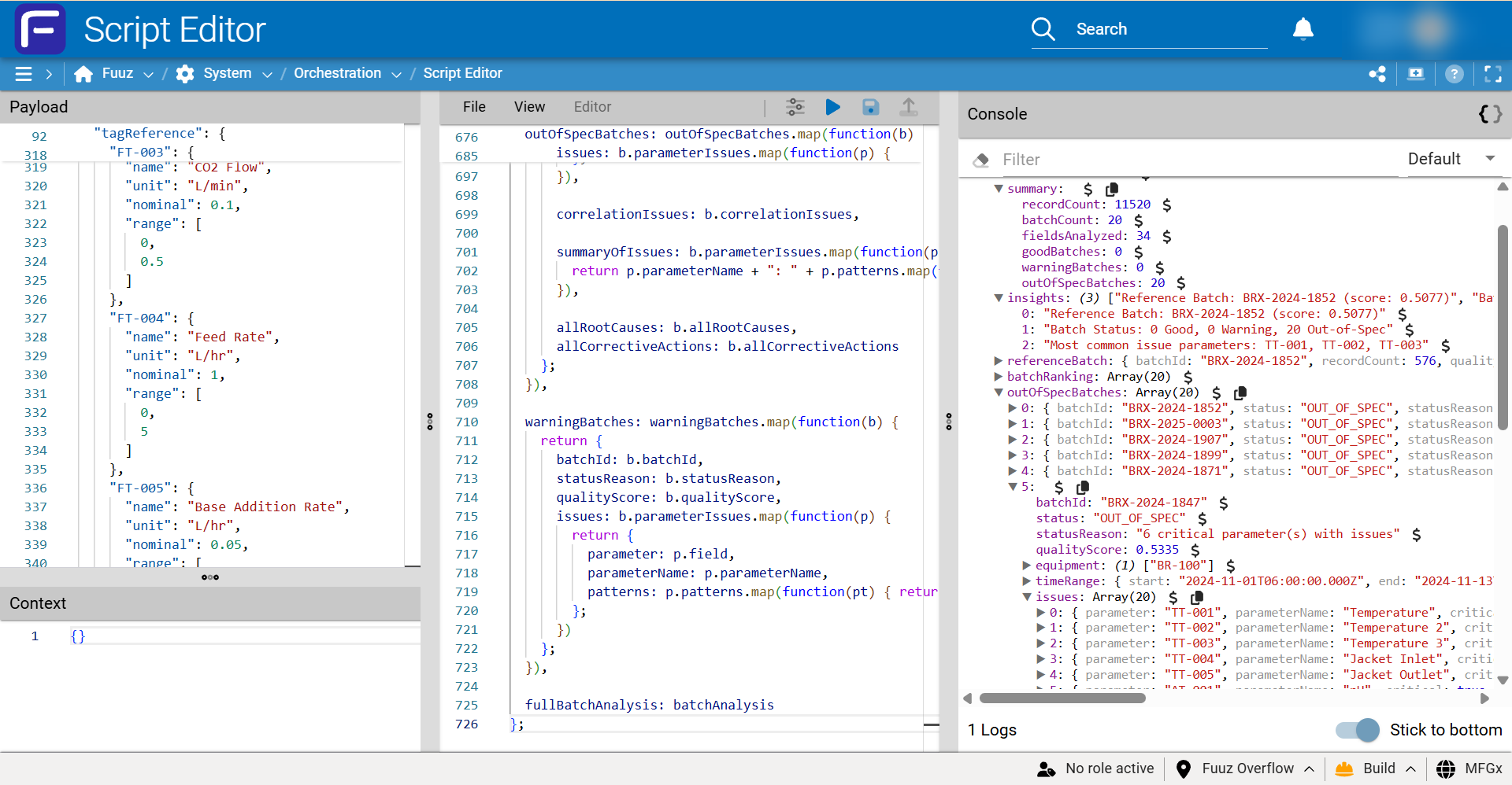 Script Editor — including large batch dataset, machine telemetry and U/L limits — output includes insights & deviations