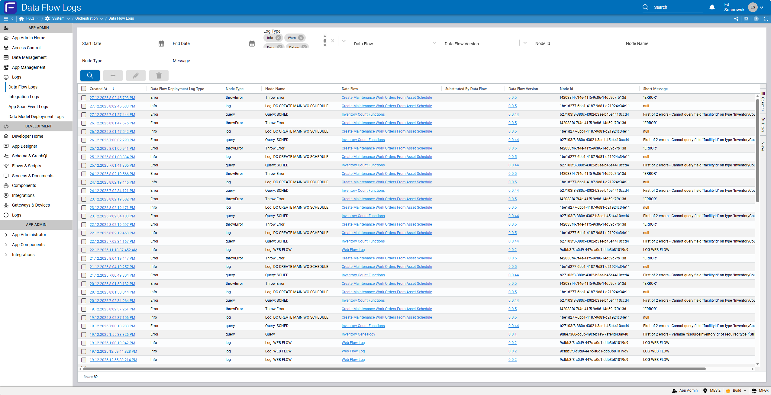 Data Flow Logs table view