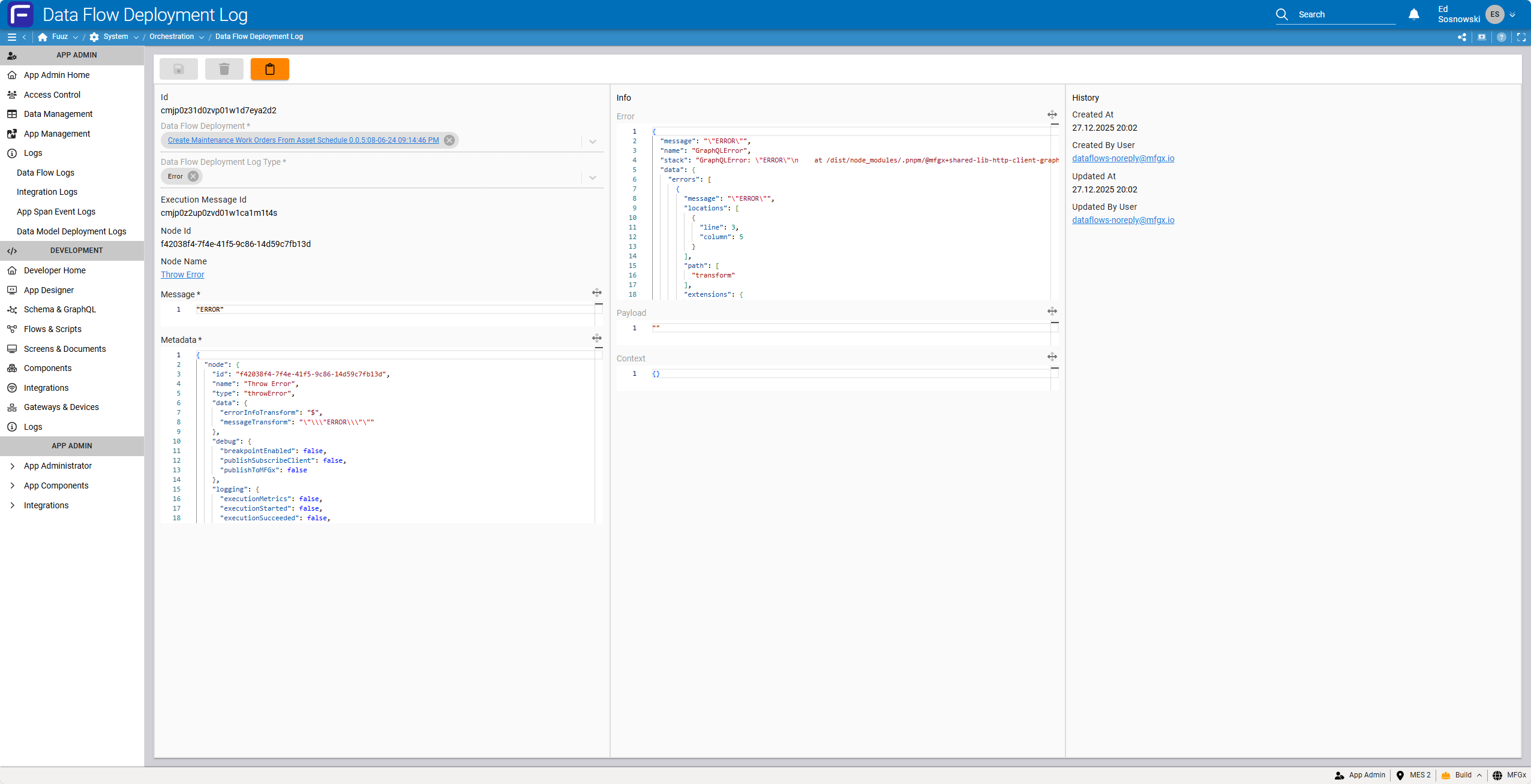 Data Flow Deployment Log detail view