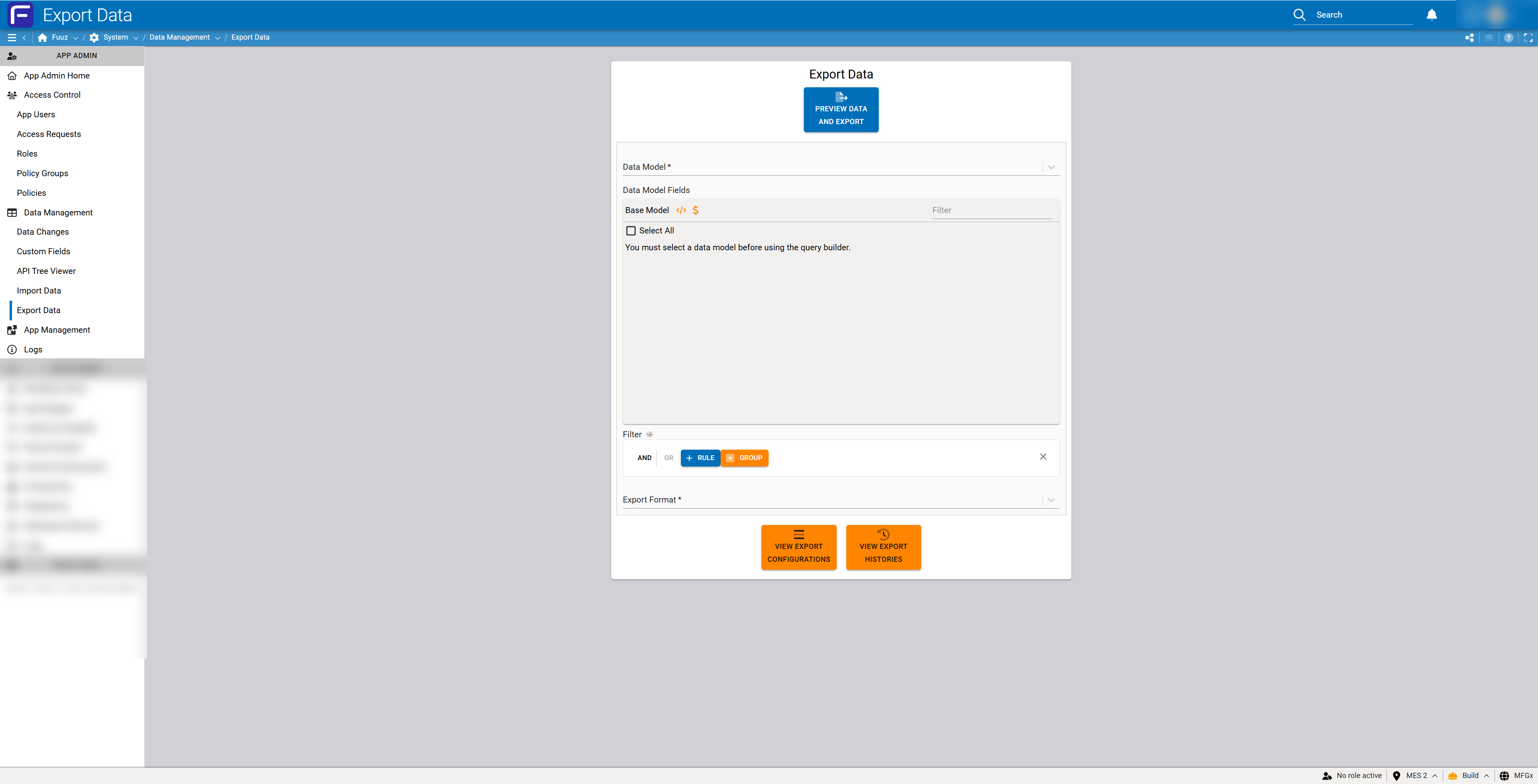 Export Data screen