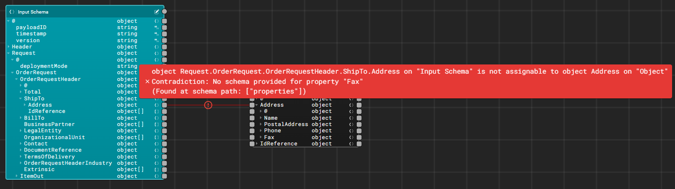 Missing required properties are flagged during design