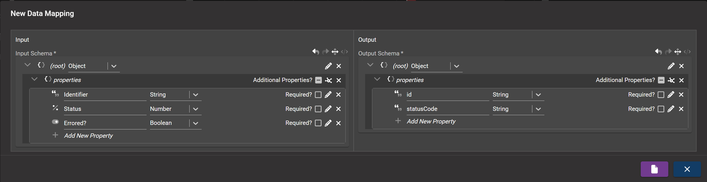 An example of defining input/output schemas when creating a new mapping