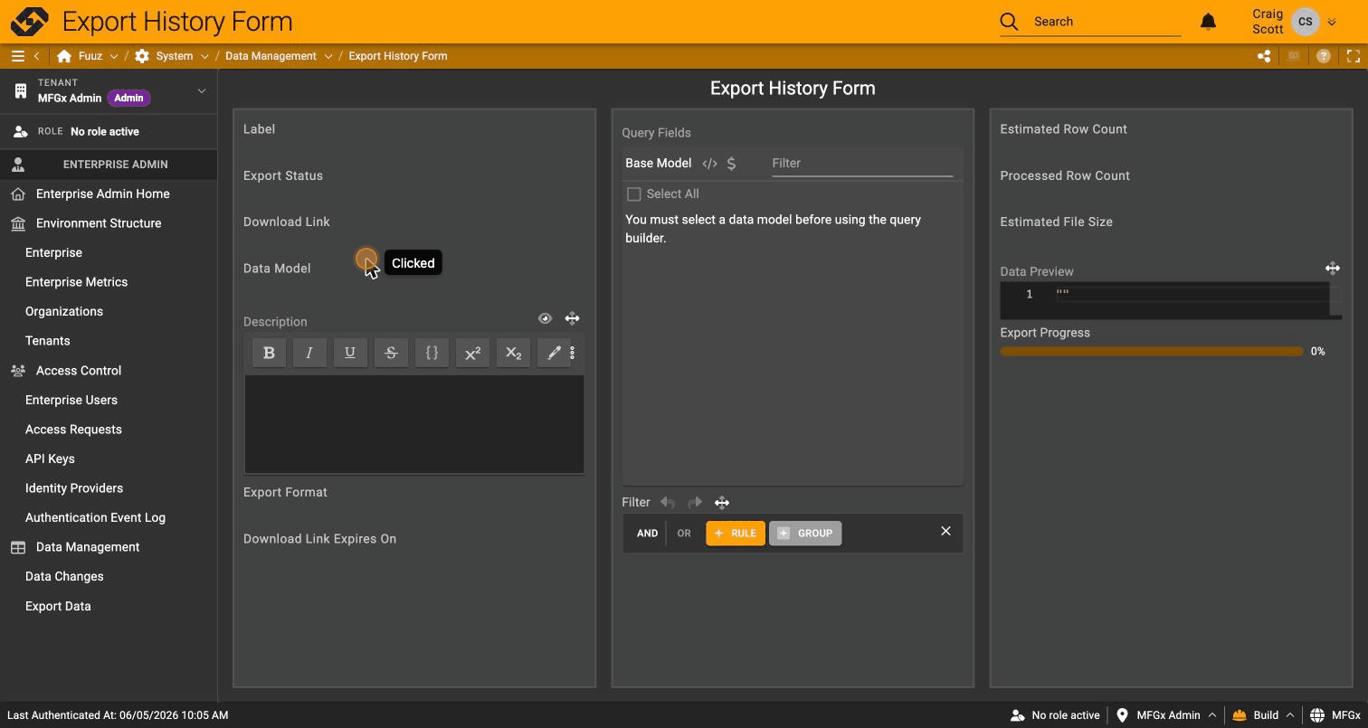 Export History form
