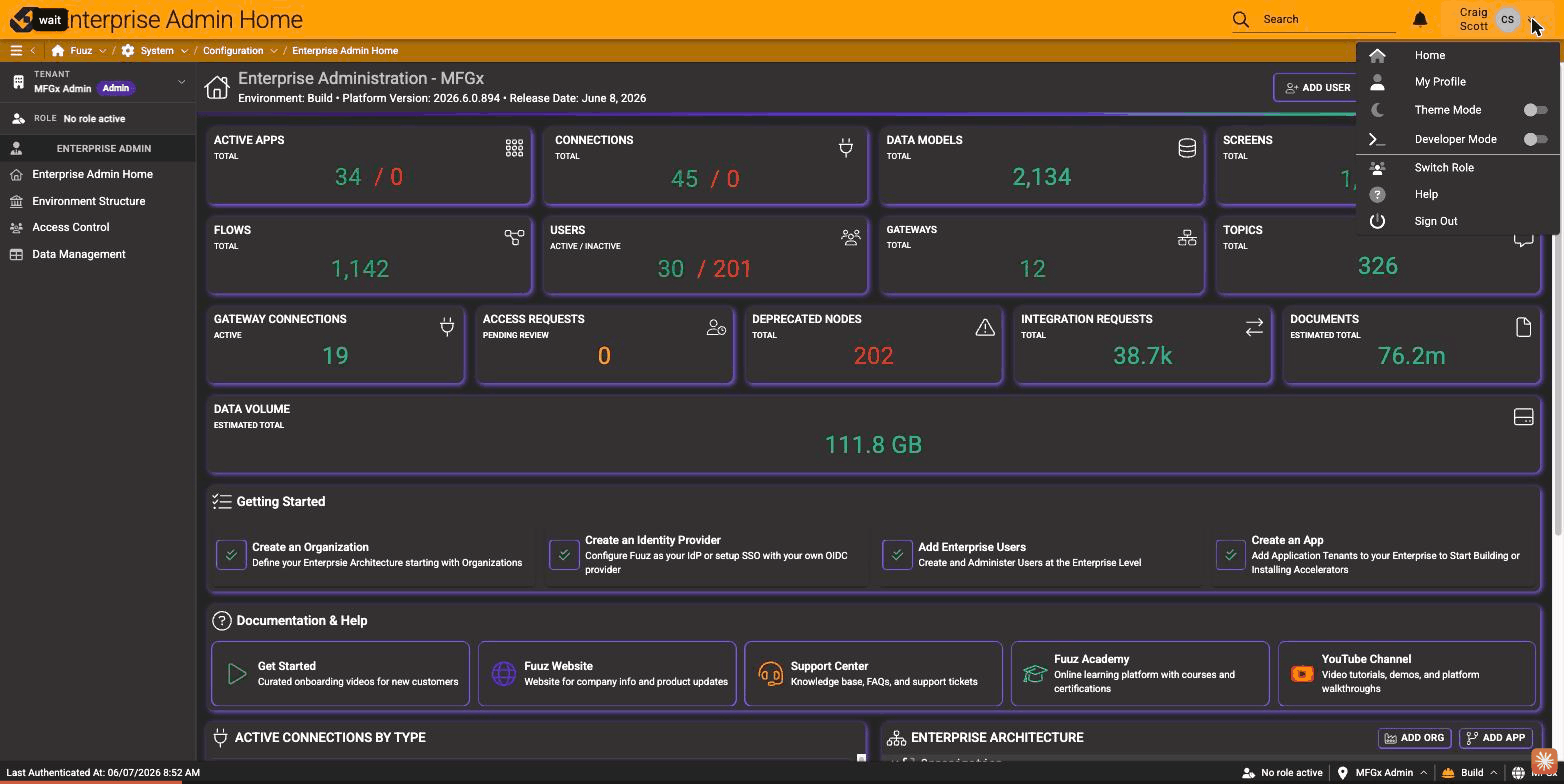 User menu open