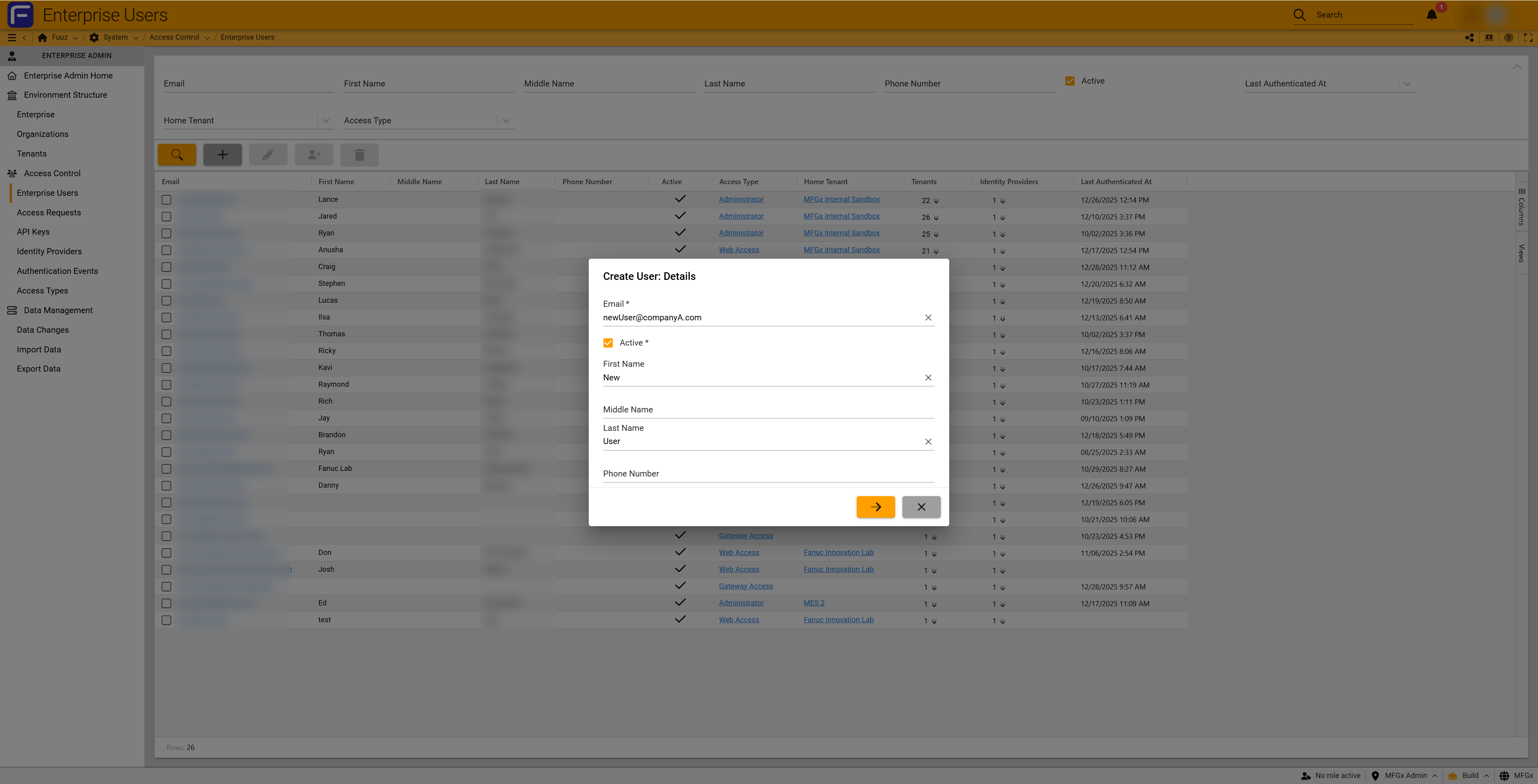 Create user details dialog