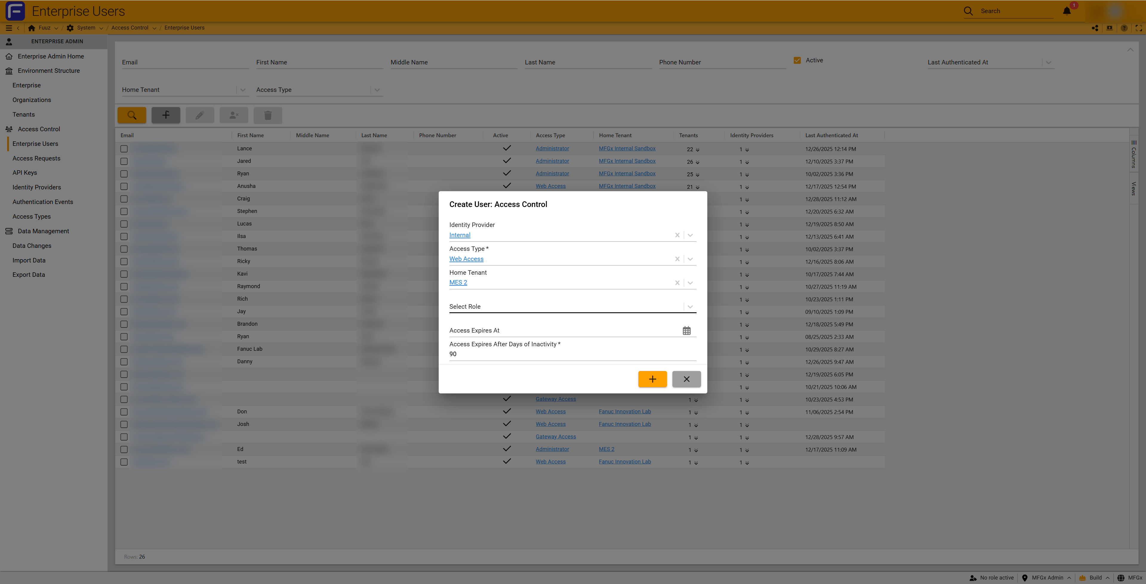 Enterprise user tenants tab