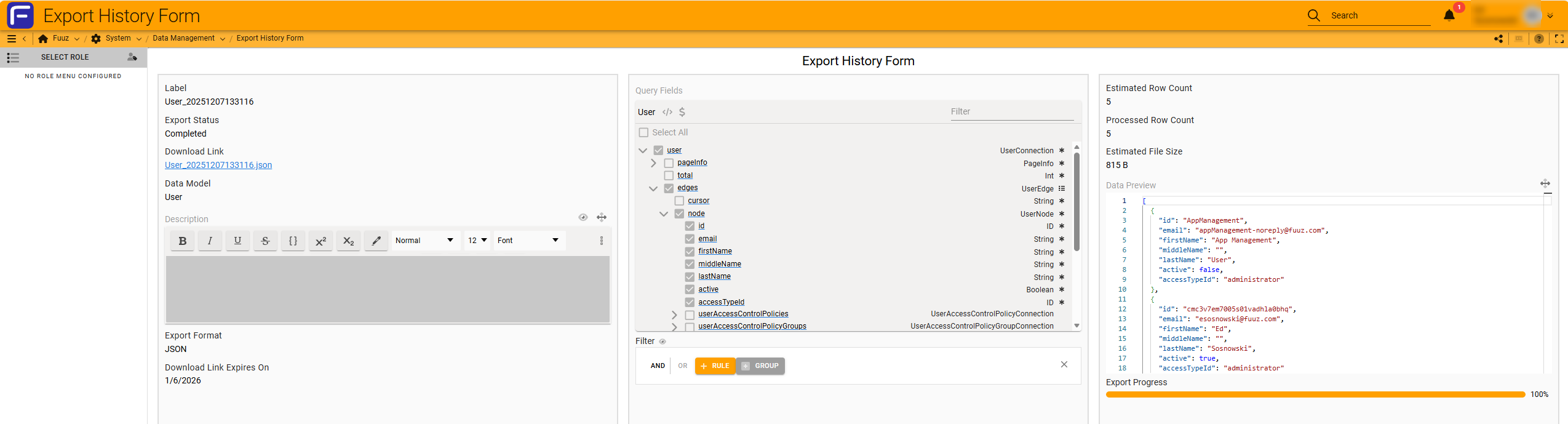 Export History Form