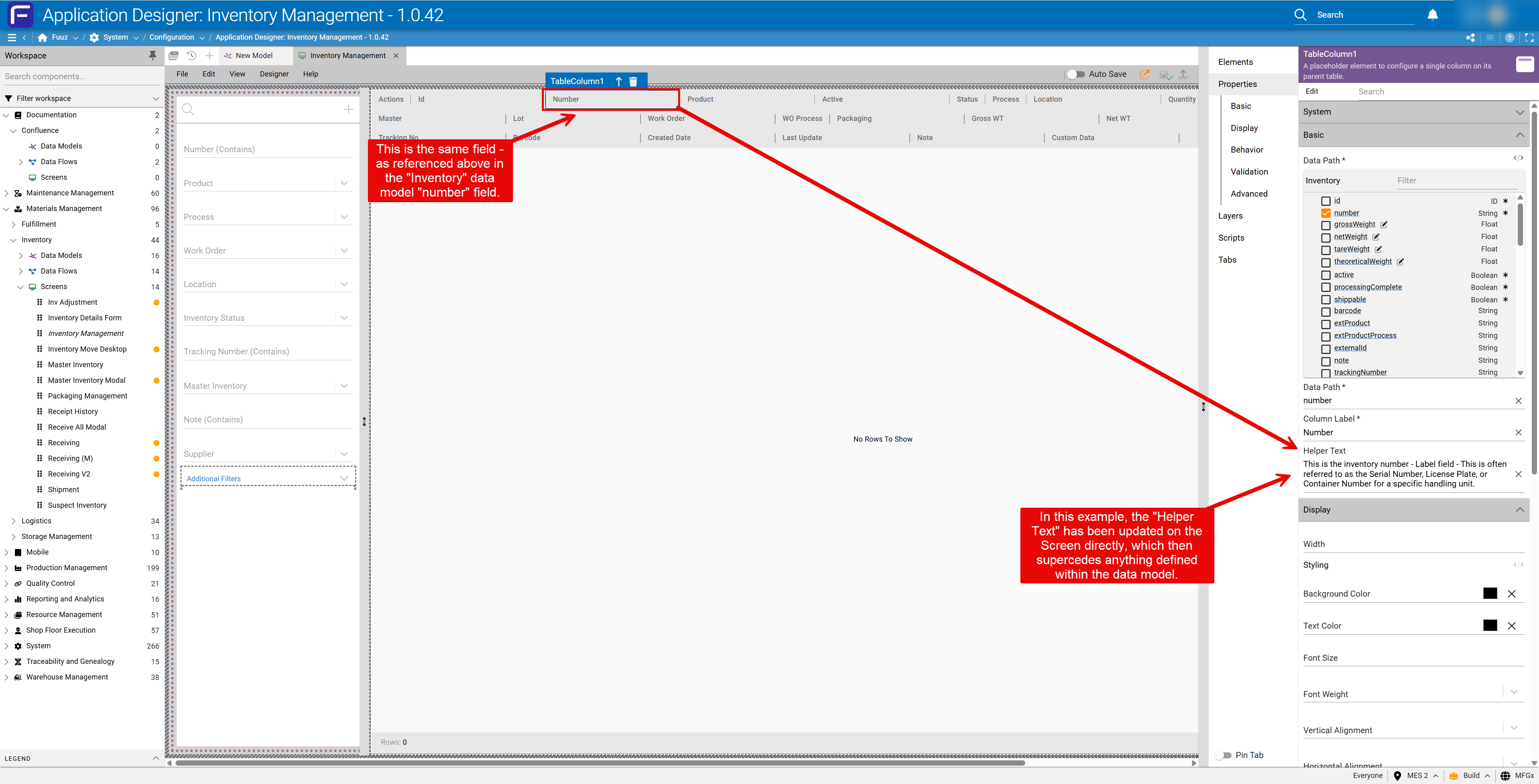 Editing a field description in the screen designer