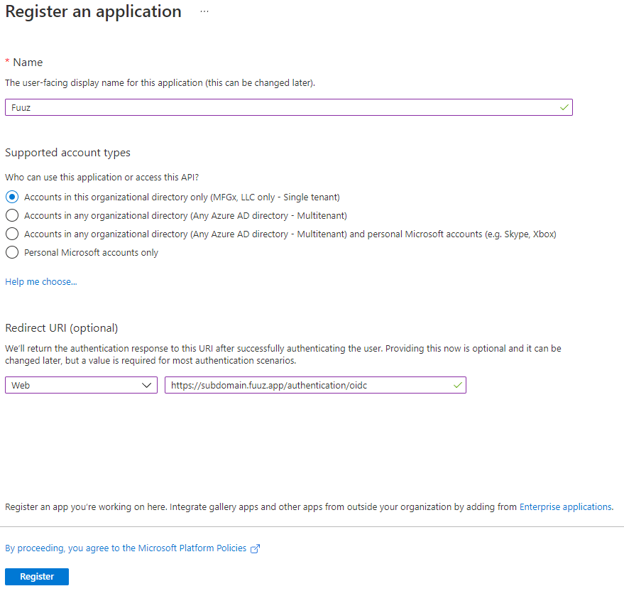 Example application registration