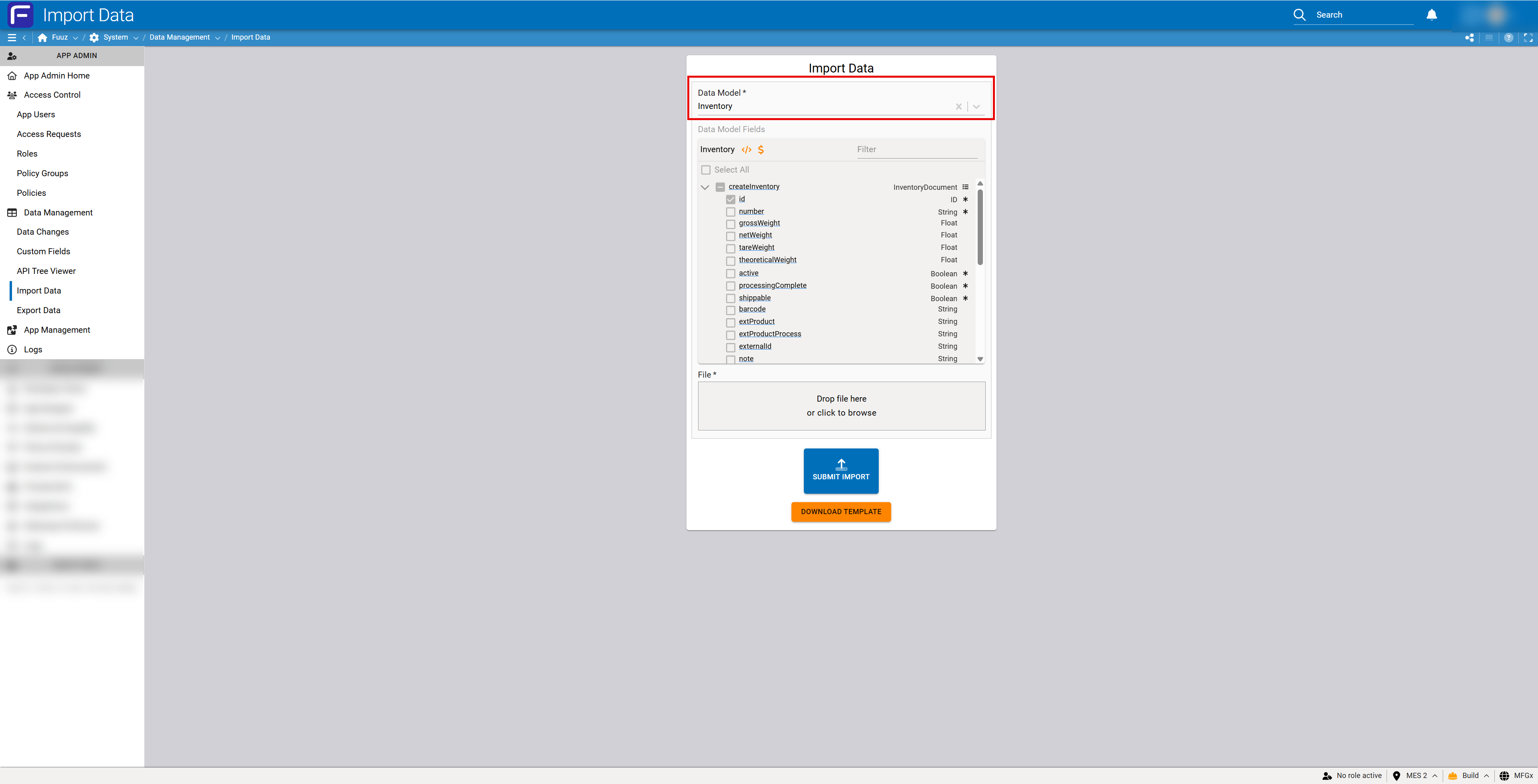 Select data model and review fields