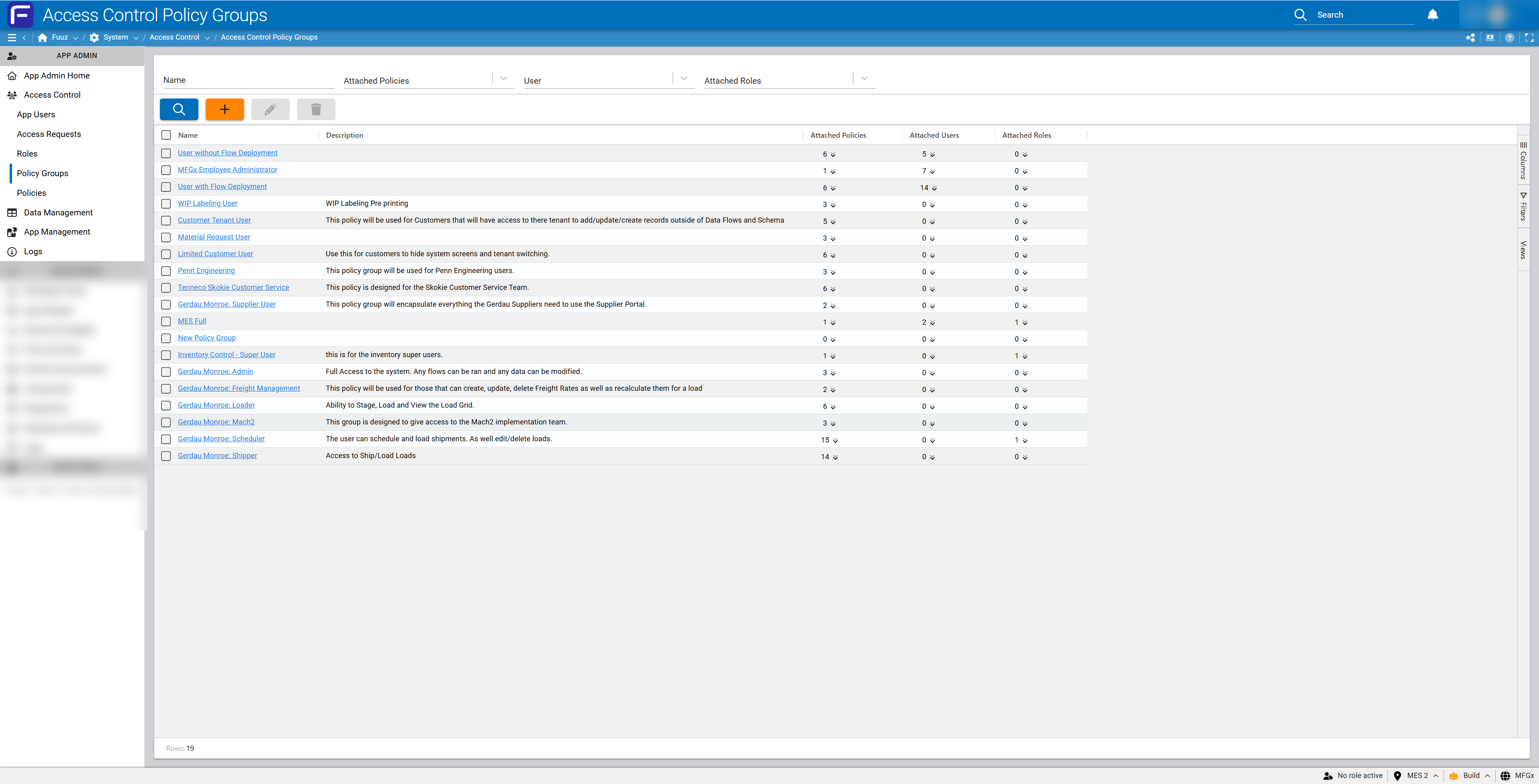 Policy Groups screen