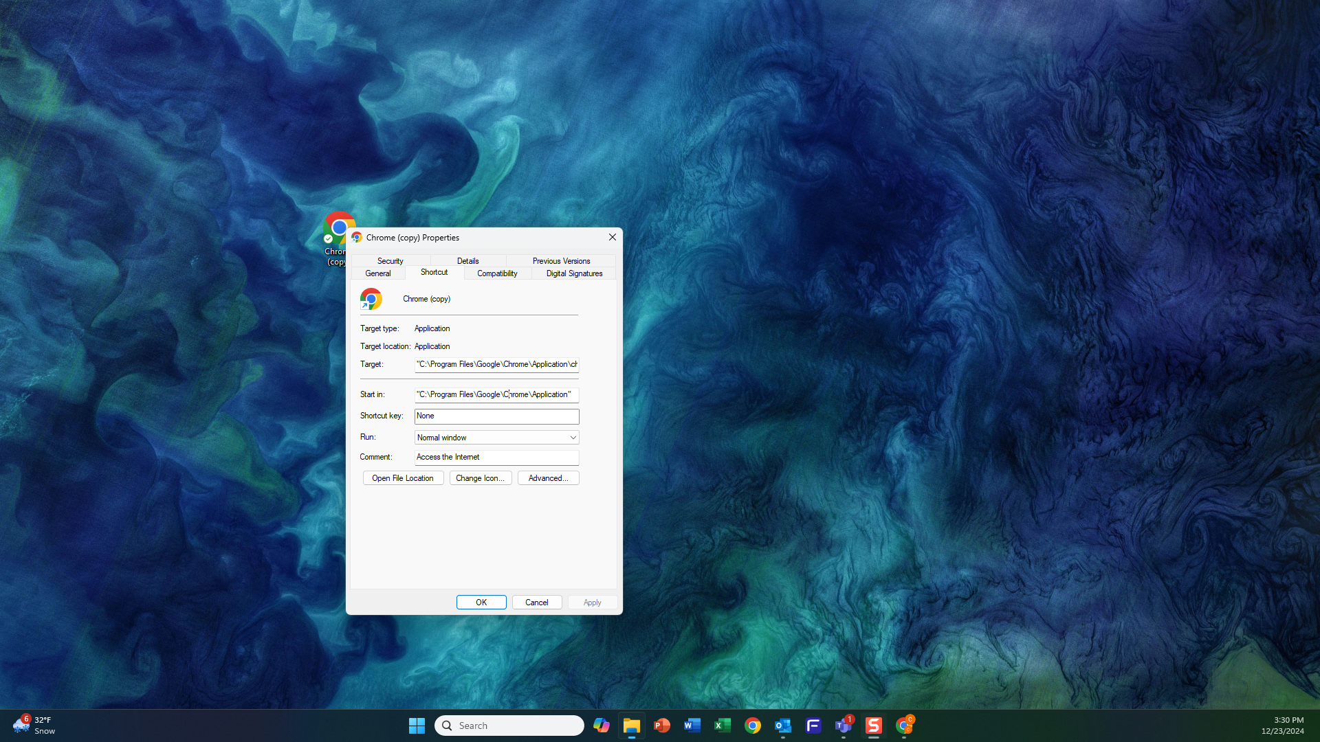 Chrome shortcut properties