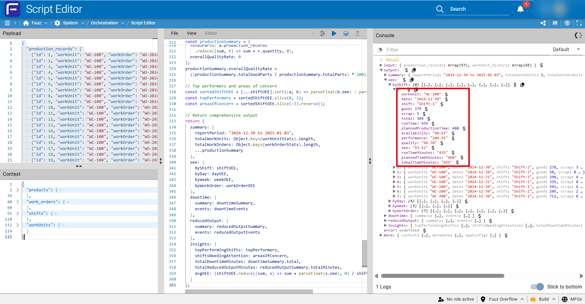 OEE calculation output