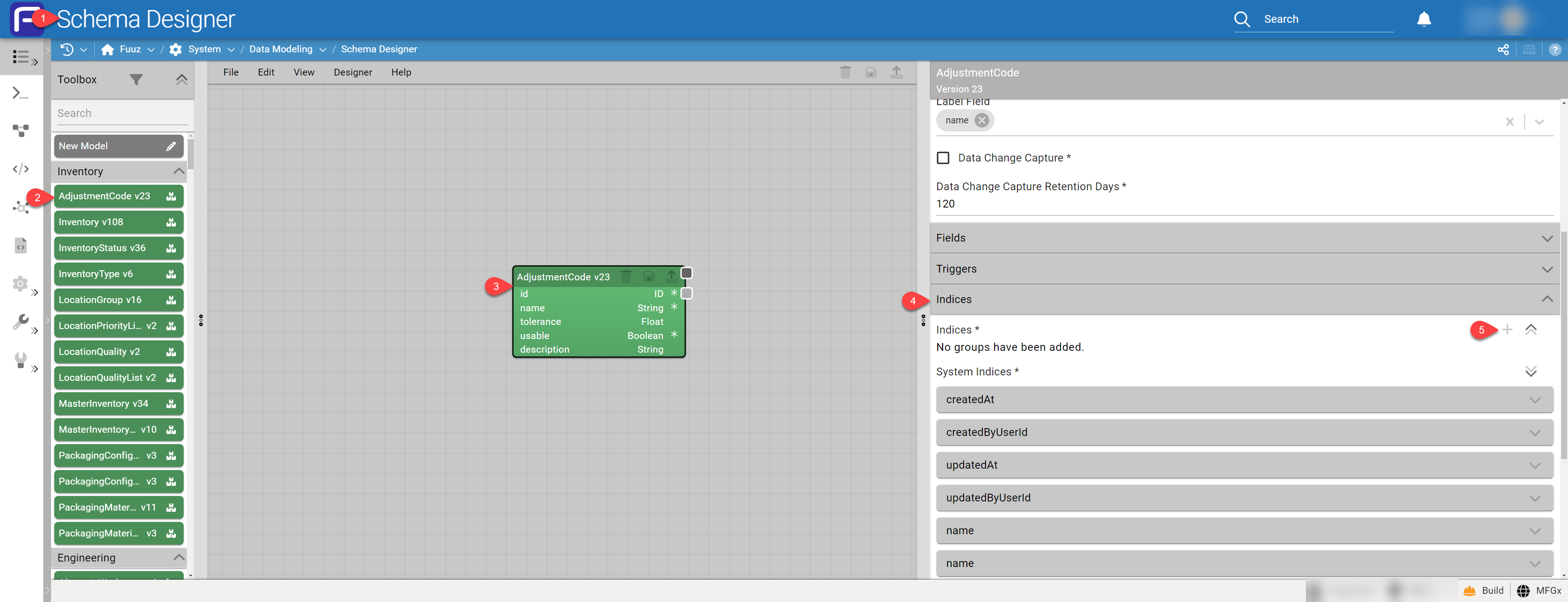 Indices panel in the Schema Designer
