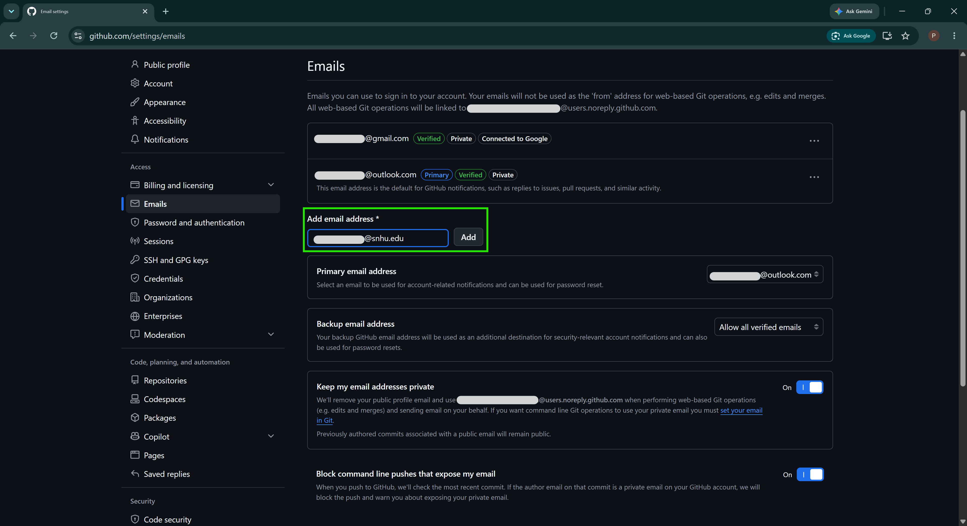 GitHub Email settings page