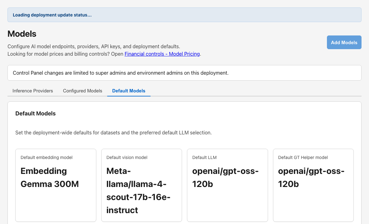 Control Panel Default Models web search defaults section