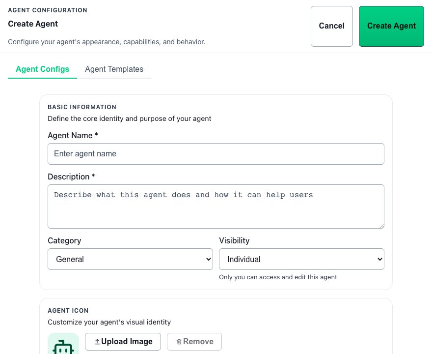 Create Agent tabs: Agent Configs and Agent Templates