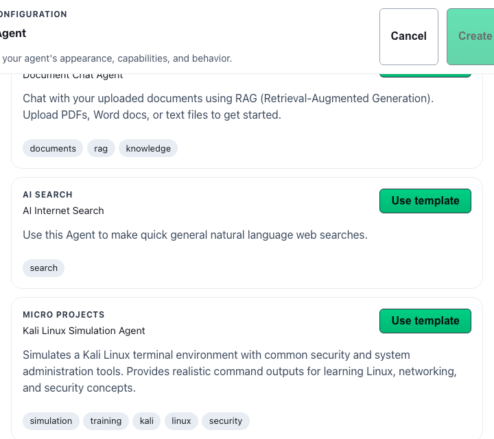 Agent Templates catalog cards