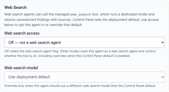 Web Search Settings tab on agent configuration