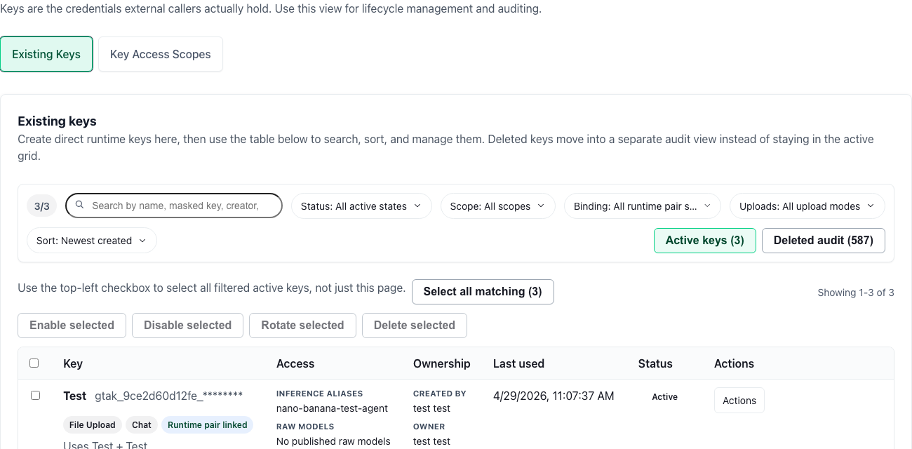 GT API workspace with API Keys tab