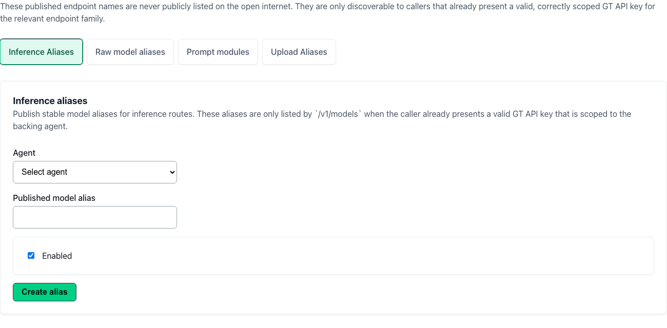 GT API workspace Published Endpoints tab