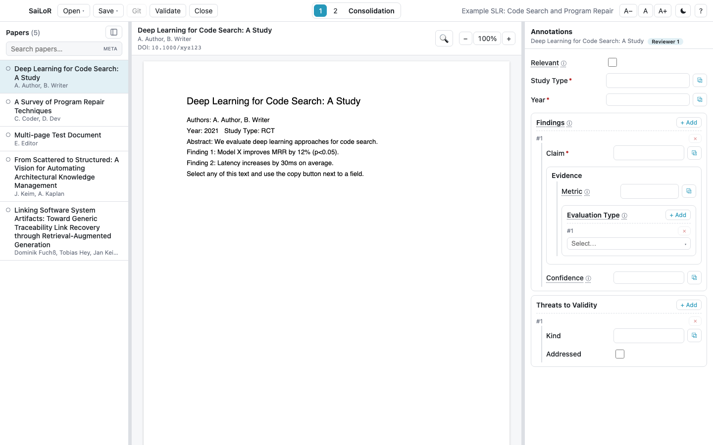 The three-pane annotation view: papers on the left, the PDF in the middle, annotation fields on the right