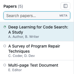 Paper list showing a partially-filled completeness dot on the first paper, empty dots on the rest