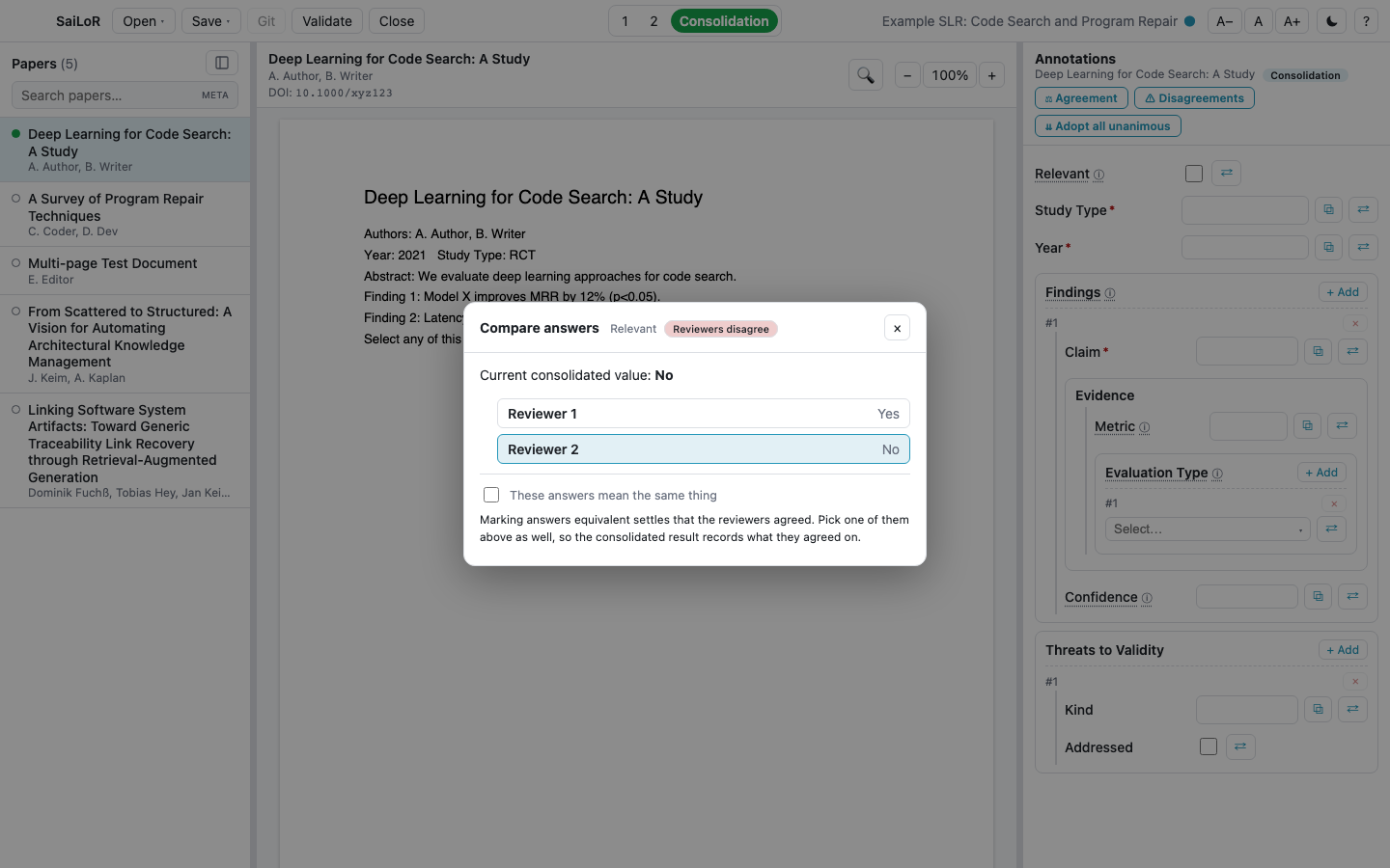 The compare popup for a field where two reviewers disagree, showing Yes and No, and a checkbox for 'these answers mean the same thing'