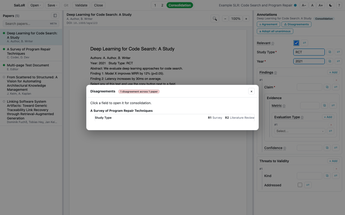 The Disagreements dialog listing one field where the two reviewers gave different answers, with both answers shown side by side