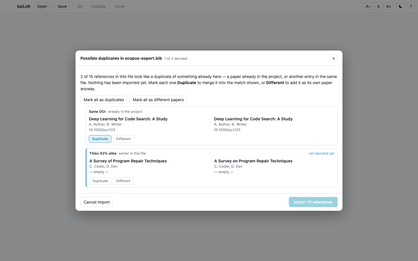 The duplicate review dialog: two probable-duplicate rows, each shown side by side with its possible match