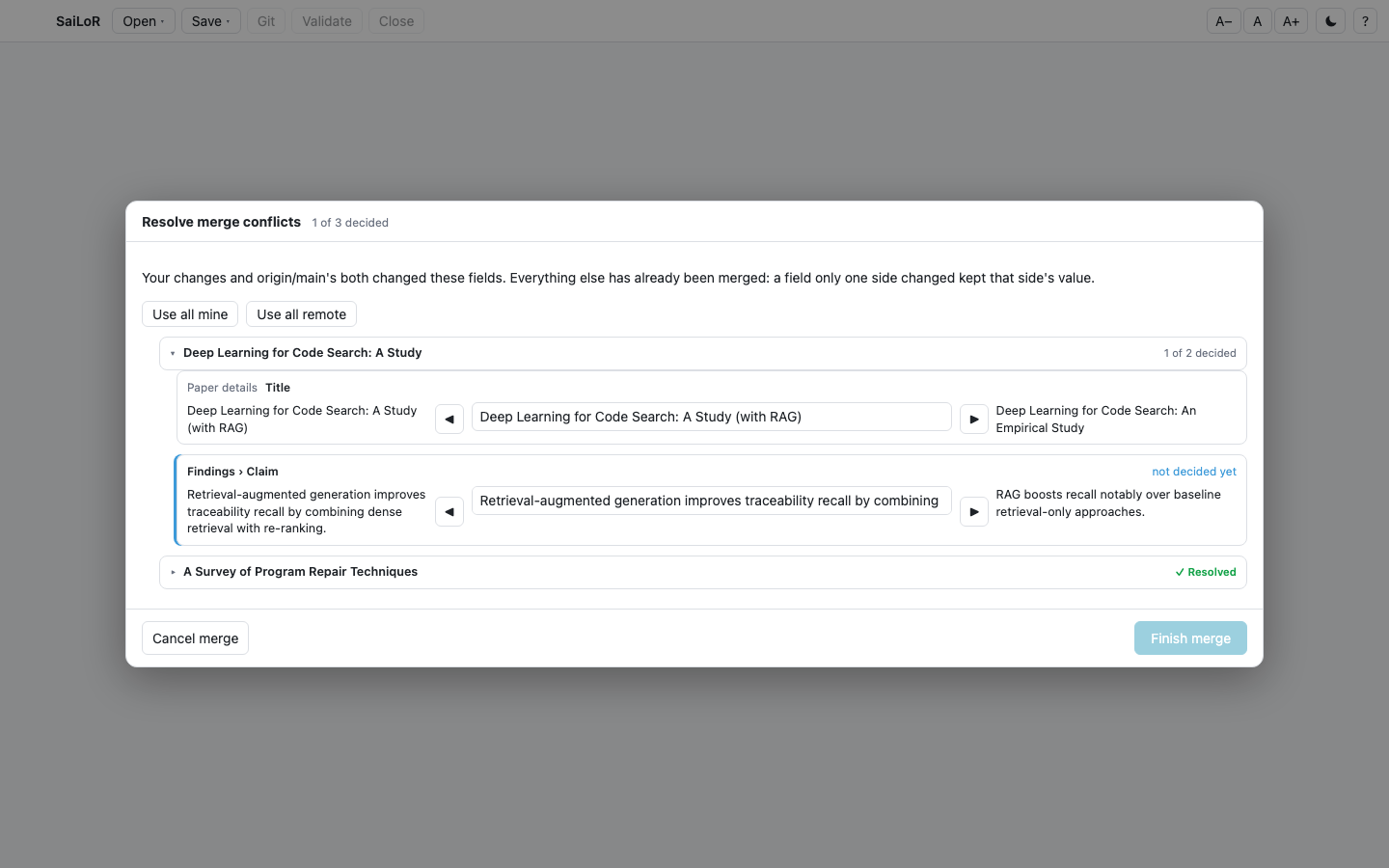 The merge-conflict dialog: conflicts grouped by paper in collapsible sections, with full untruncated values on both sides