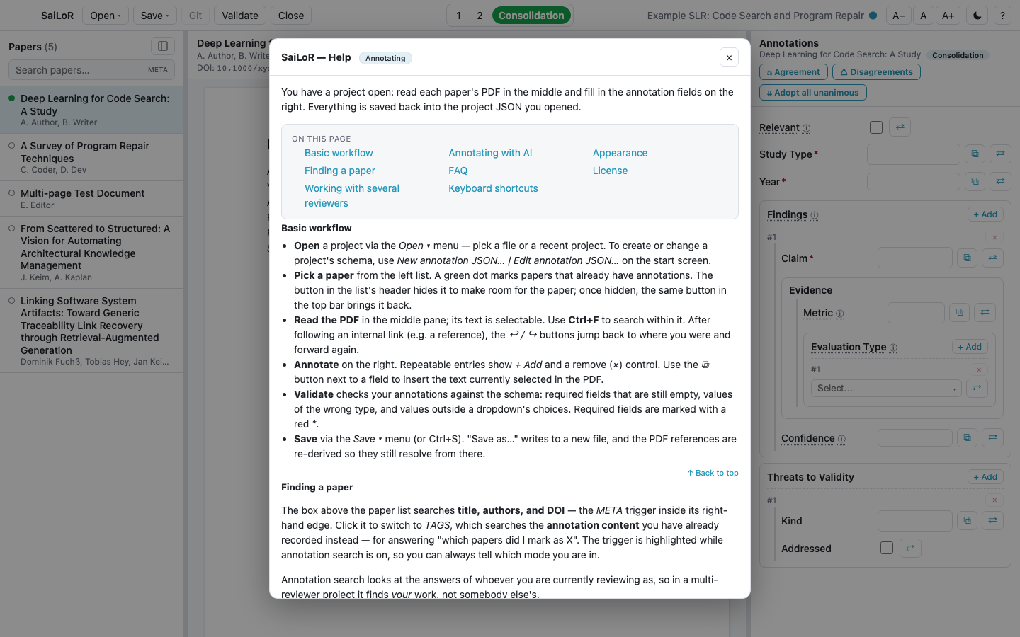 The in-app help dialog, showing a table of contents and the annotation workflow section