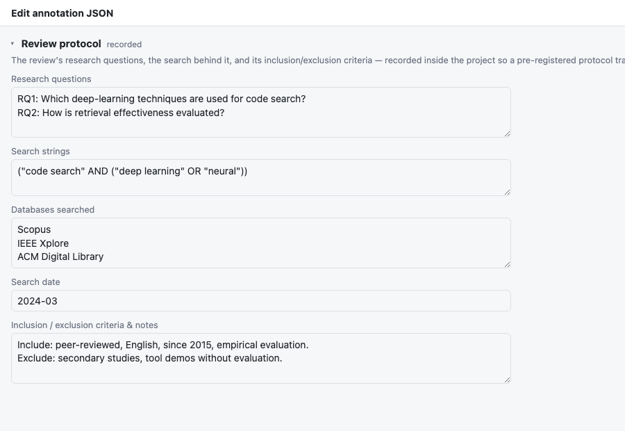The expanded Review protocol section: research questions, search strings, databases, search date, and notes