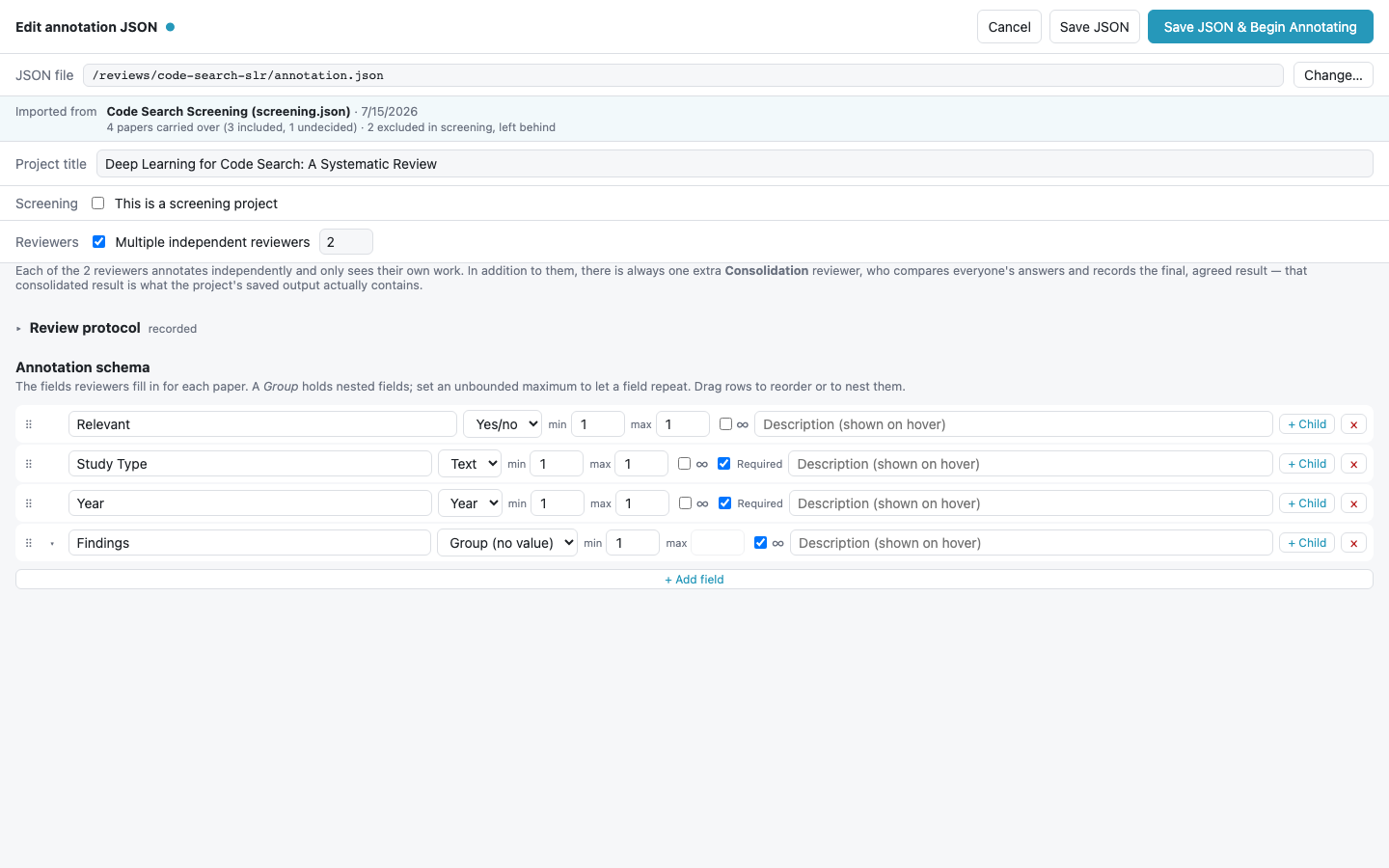 The project editor: location, title, screening toggle, reviewer count, the review protocol section, and the schema tree