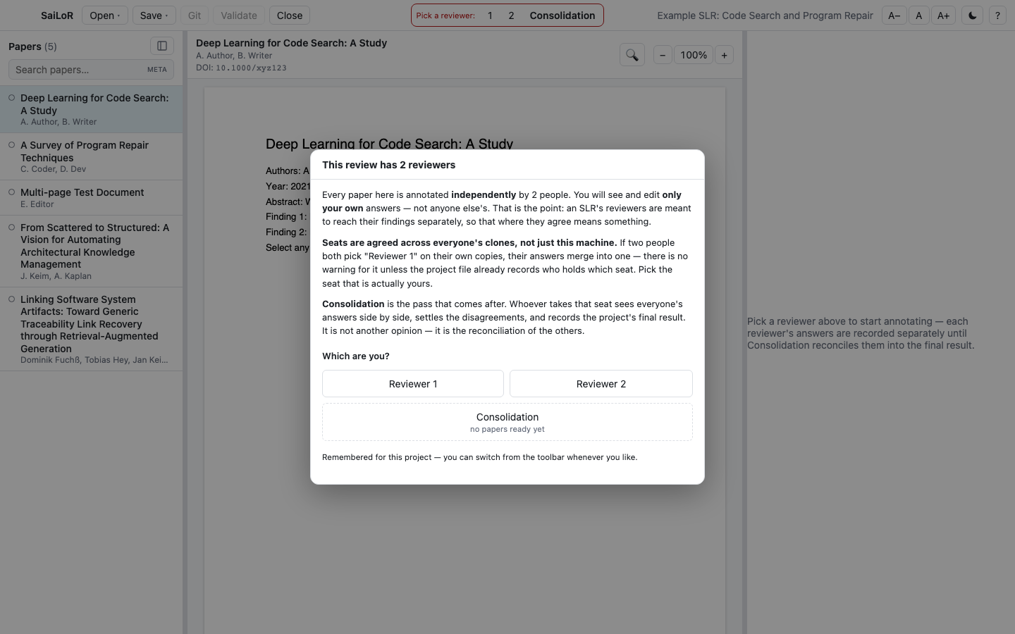 The reviewer prompt: explains independent review and asks which reviewer seat you are, or Consolidation