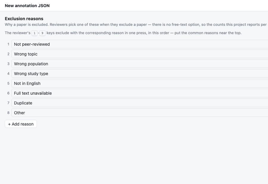 The screening reasons editor: a numbered, reorderable list of exclusion reasons