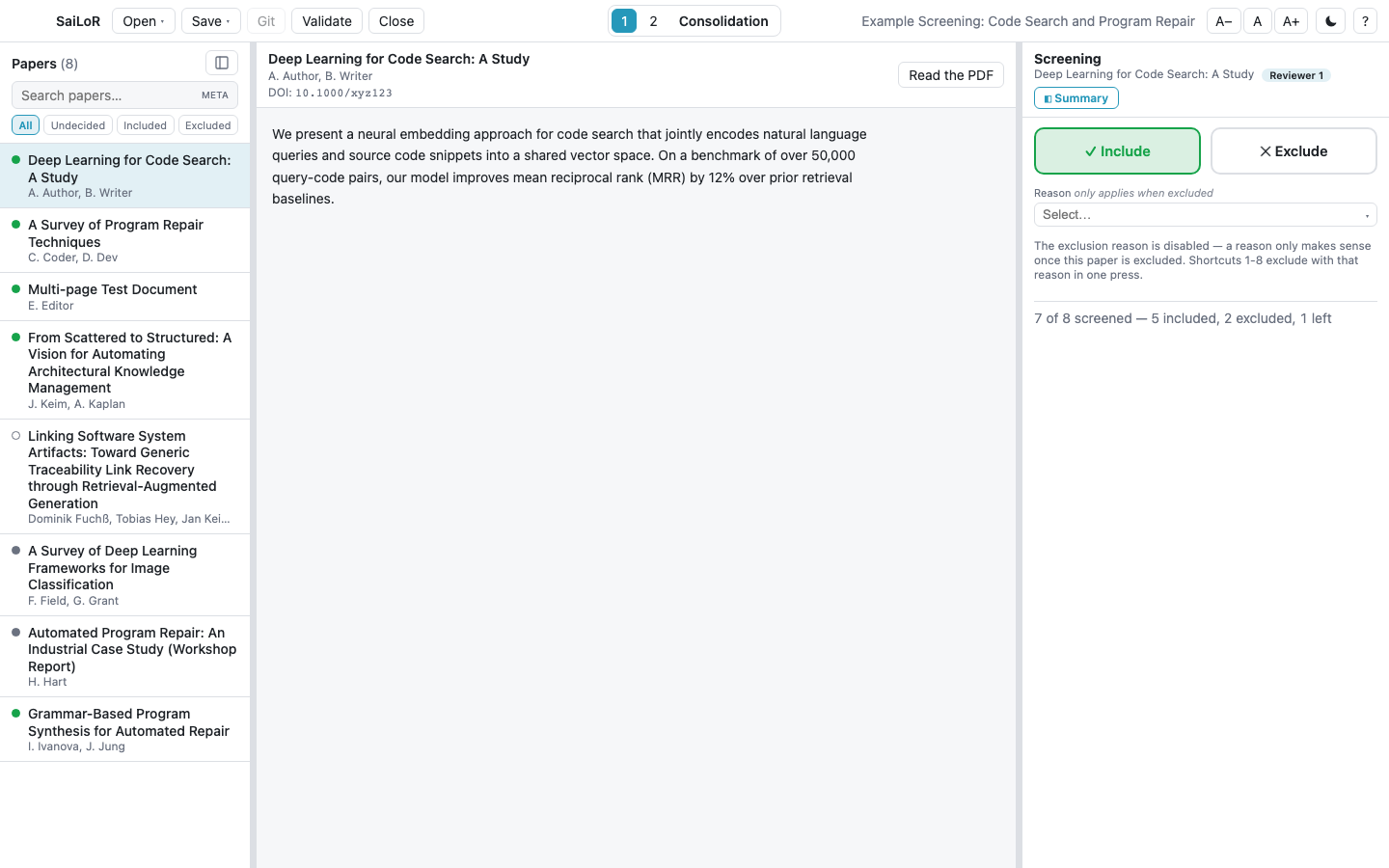The screening view: a paper's title/abstract, Include/Exclude buttons, and the tri-state filter