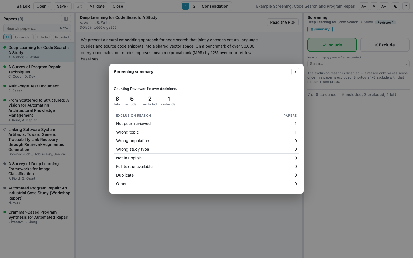 The screening summary dialog: totals plus a per-reason exclusion count table