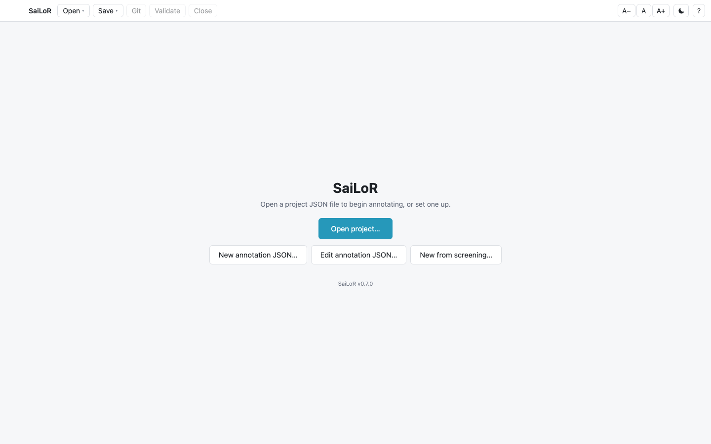 The start screen: Open project, New annotation JSON, Edit annotation JSON, New from screening
