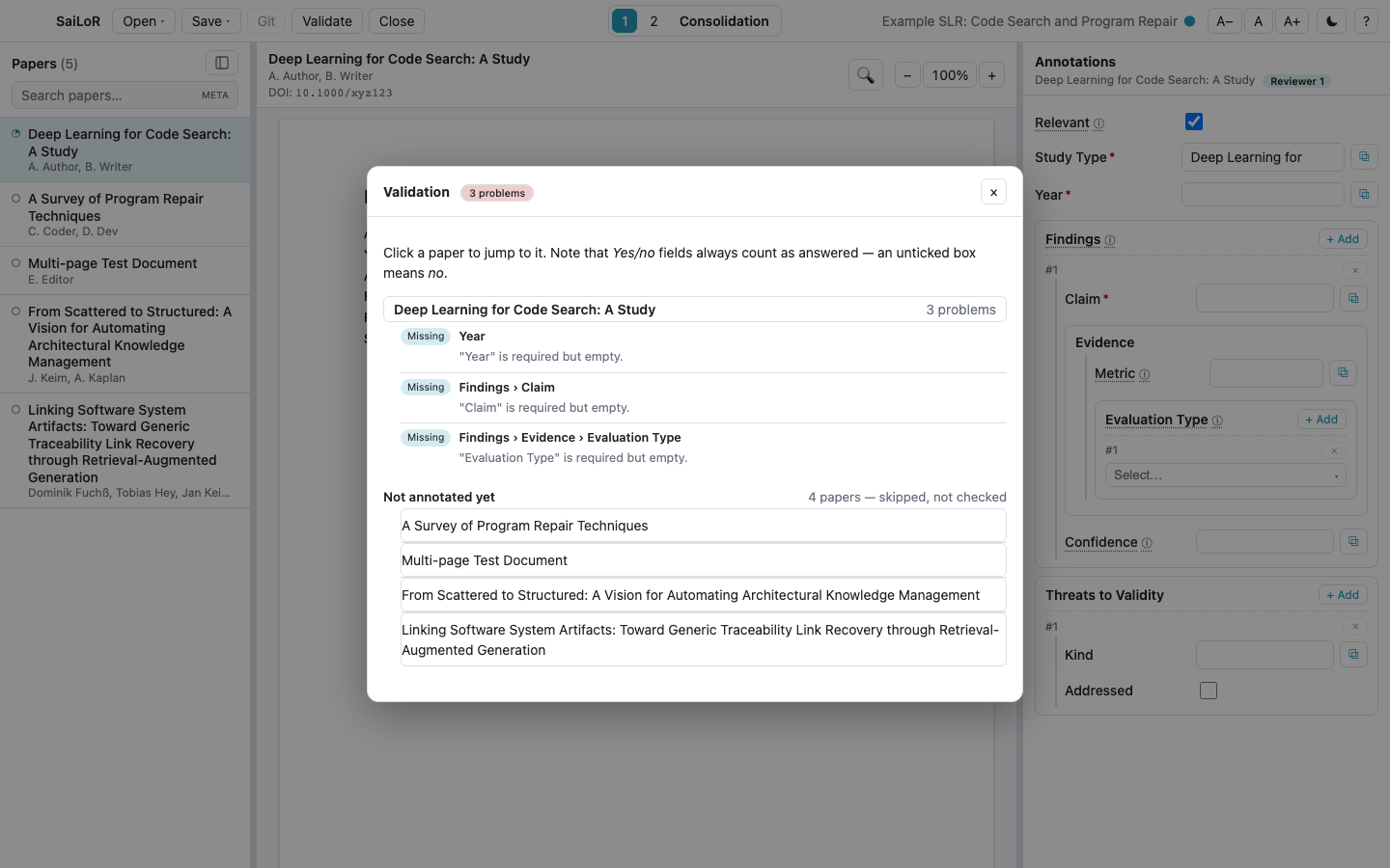 The Validate dialog listing three problems on one paper, and four papers not yet annotated