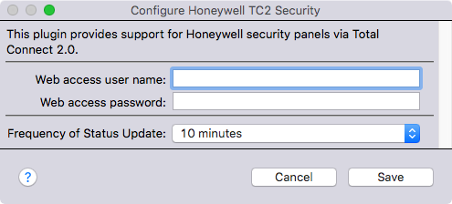 Configure Honeywell TC2 Security dialog box. Type a Web access user name and a Web access password at the prompts.