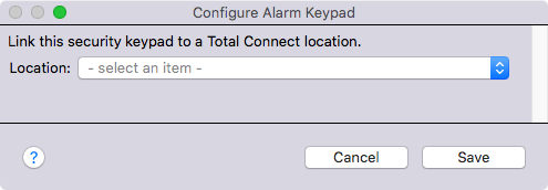 Configure Alarm Keypad dialog. Choose a Location.