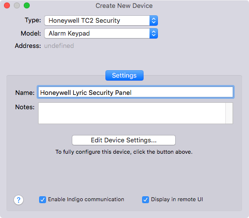 Indigo's Create New Device dialog box. Type = Honeywell TC2 Security, Model = Alarm Keypad click Settings.