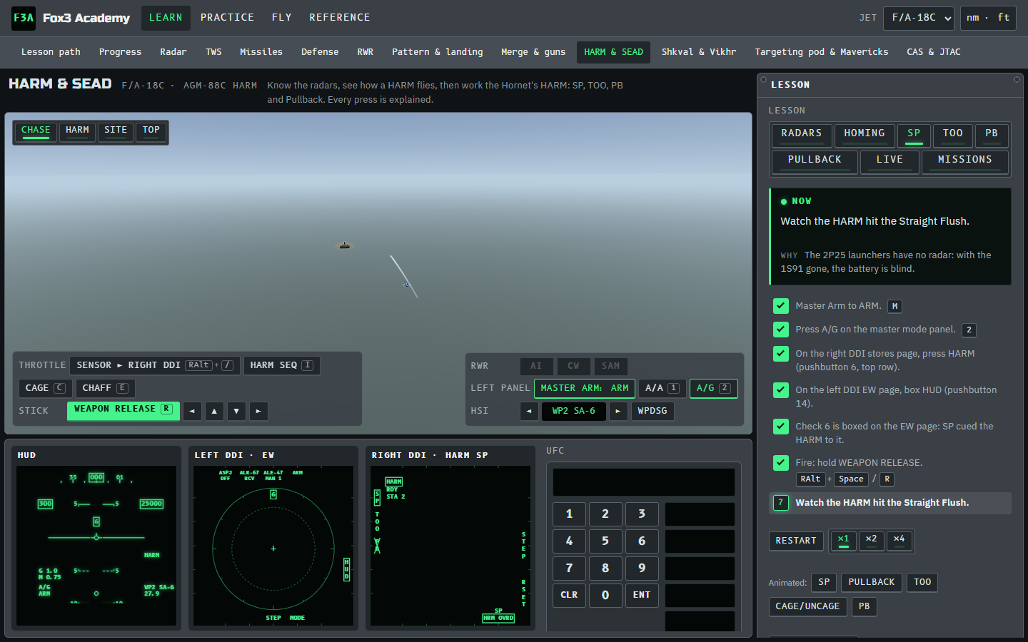 F/A-18C SP shot: HUD, EW page, HARM format and UFC