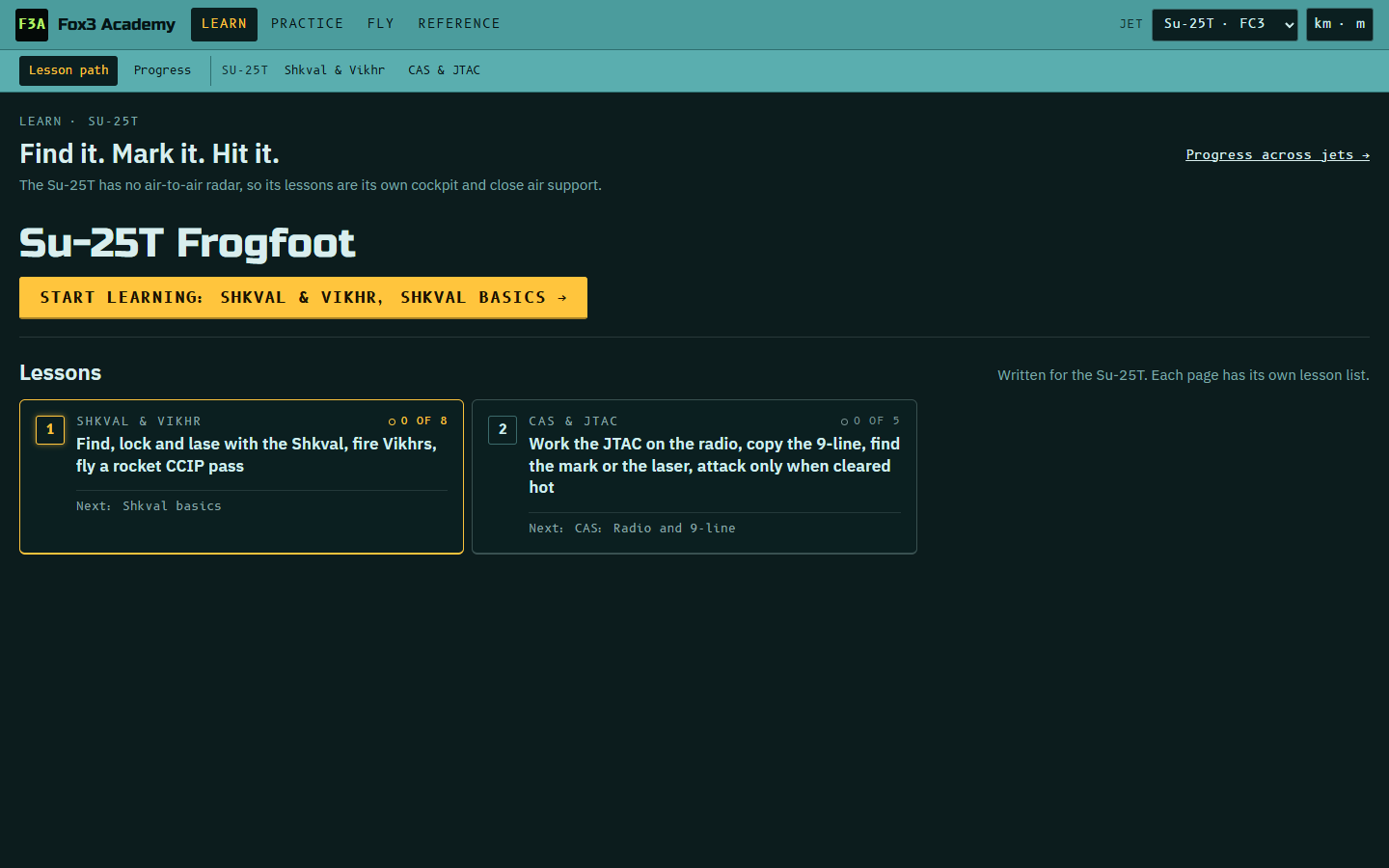 Su-25T Learn page: its own pages and a Continue button