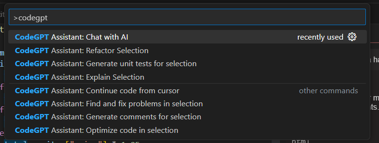 CodeGPT Assistant Command Palette Screenshot