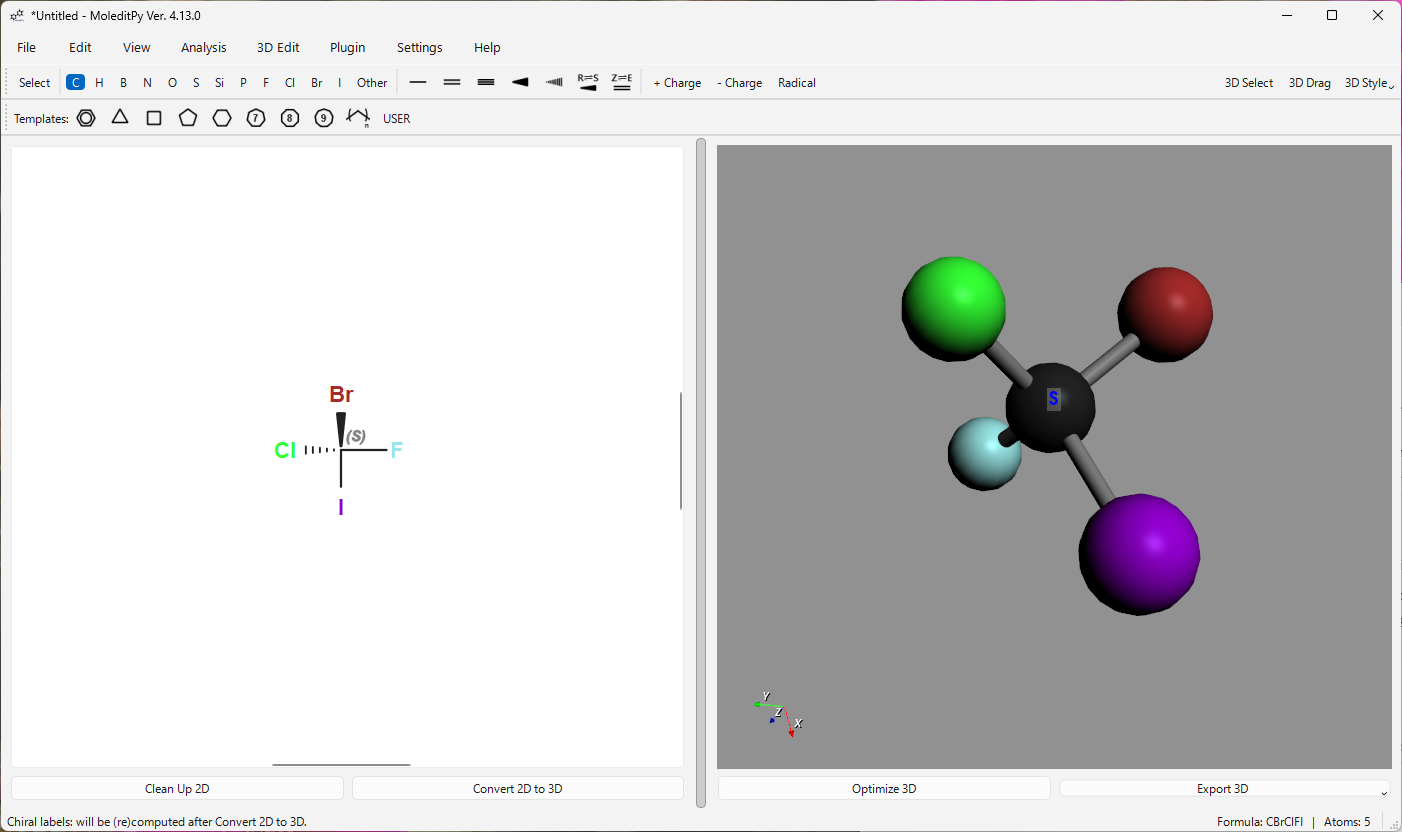 A tetrahedral carbon with Br, Cl, F, and I, labelled S in both 2D and 3D