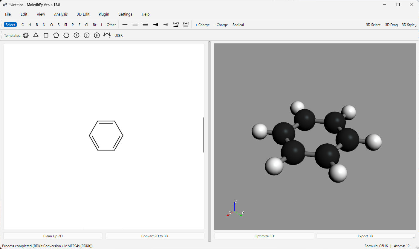 ベンゼンの 2D 図と球棒表示の 3D モデル