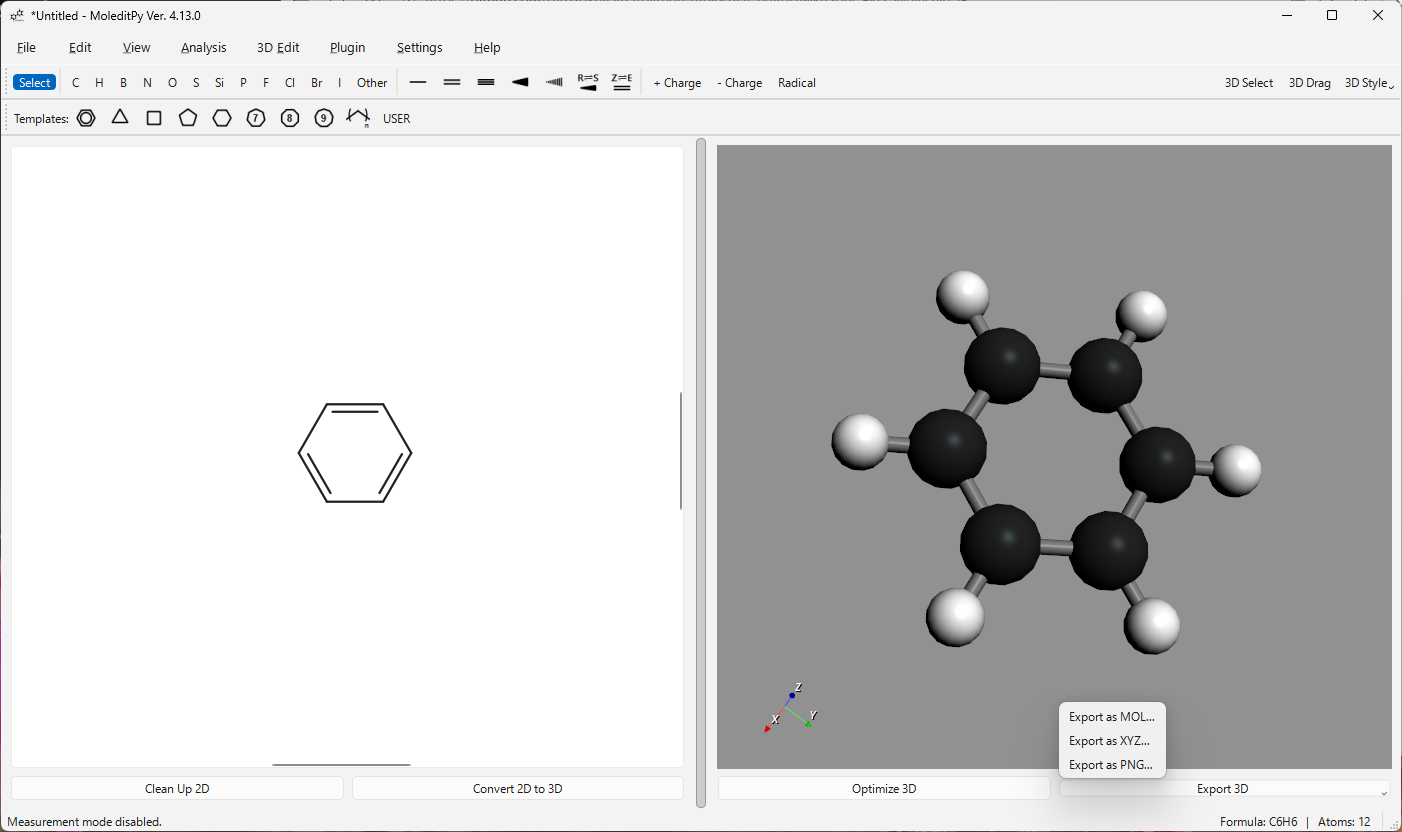 ベンゼンを表示し、右下の Export 3D から MOL・XYZ・PNG を選べる状態