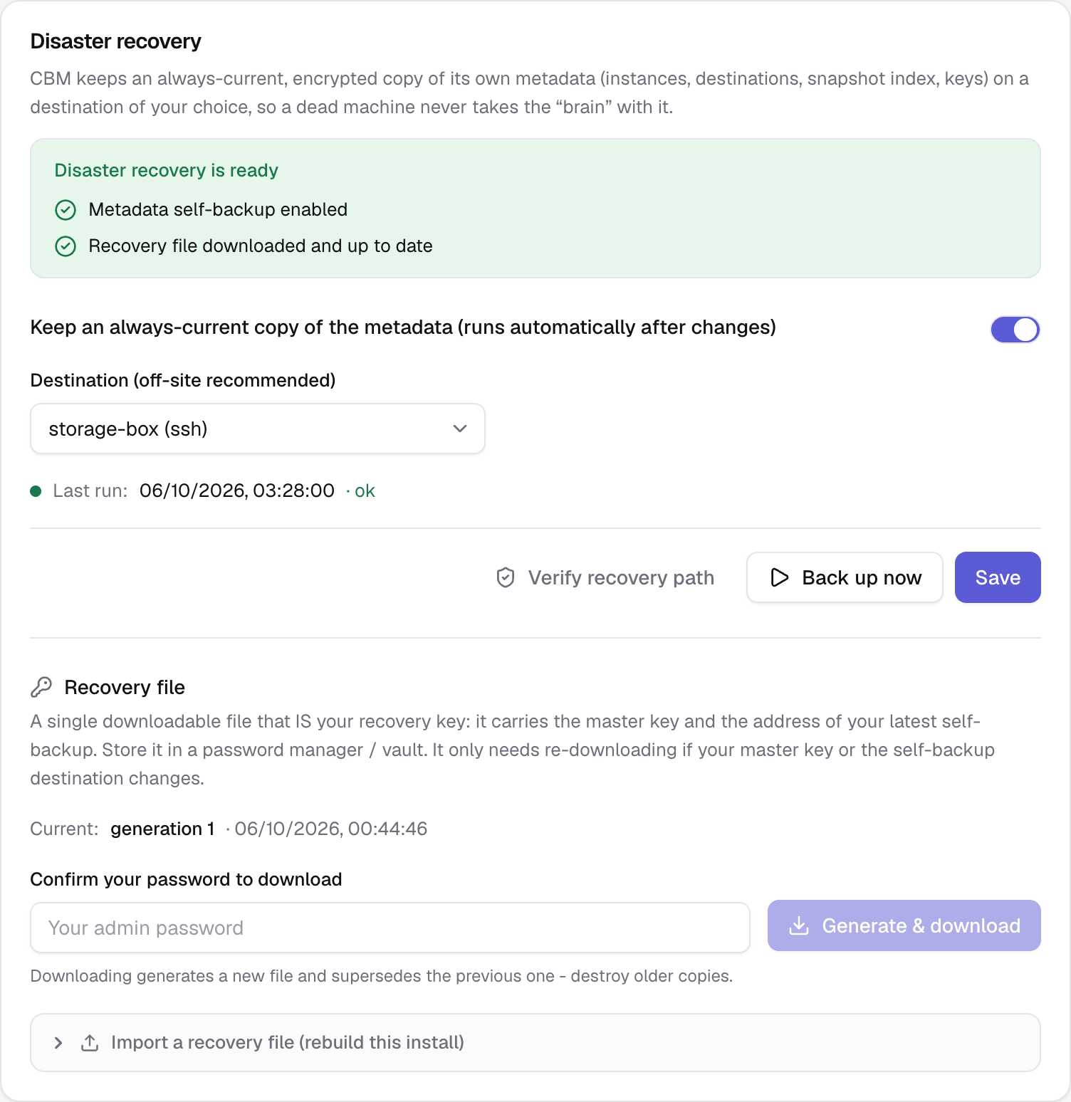 Settings → Disaster recovery